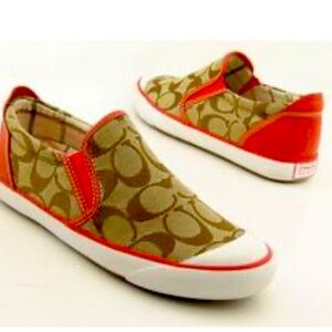 Coach Tan Signature Canvas Slip-Ons with Red Trim